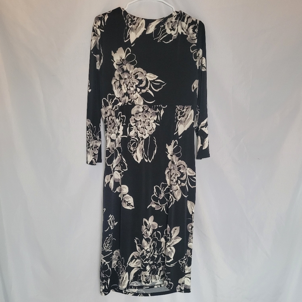 Lauren Ralph Lauren Black Gray Floral Vneck 3/4 Sleeve Midi Dress Size 16 - Picture 6 of 9